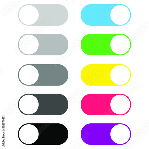 On Off switcher isolated on white background. Vector illustration. Collection of on and off buttons. Slider buttons. Vector illustration. colorful