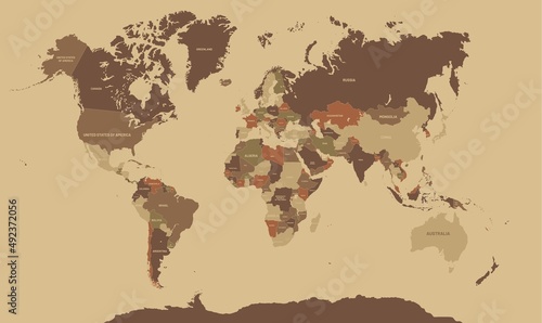 Vector illustration of world map on brown background. Country bounded map