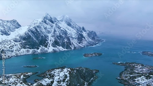 Norway winter storm in Lofoten , fiords landscape 4k  