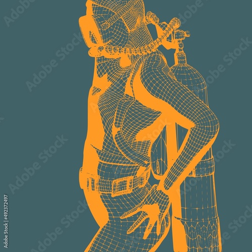 Monochrome silhouette of diver. Mesh grid texture