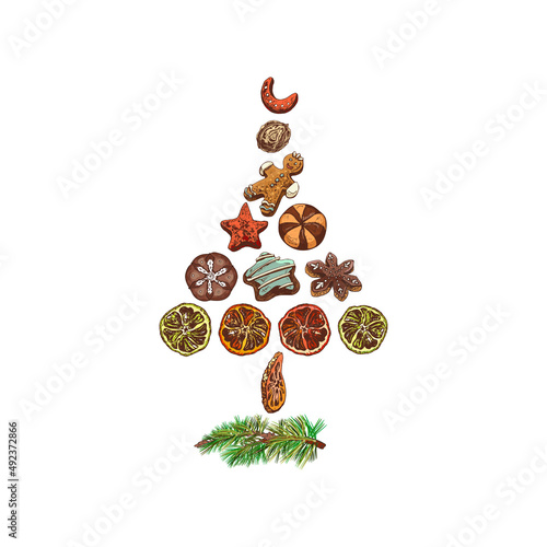 decorative Christmas tree made of sweets decorative Christmas tree made of sweets, a slice of orange, lemon, lime, grapefruit, shortbread cookies, with glaze, gingerbread, graphic color drawing, sketc