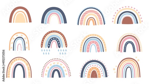 Cute scandinavian rainbow, boho style rainbow for nursery decoration. Baby shower, abstract bohemian elements for kids posters, print design elements vector set