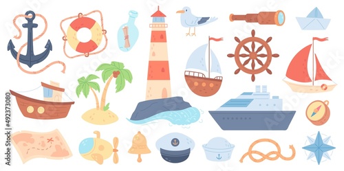 Sea travel elements, cute nautical doodles, lighthouse, sailing boat. Submarine, anchor, ship steering wheel, palms, sailboat, lifebuoy, map, spyglass, compass, marine element vector set