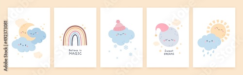 Cute scandinavian posters with rainbows, clouds, moon sun and stars. Childish boho poster for nursery decoration, greeting card for kids vector set