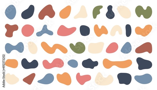 Organic shapes, abstract fluid forms, random blobs. Colorful irregular round shape, pebbles, contemporary minimalist graphic elements vector set