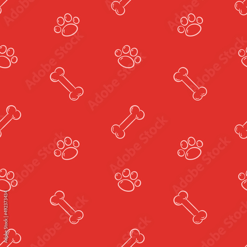 Animal cartoon vector seamless pattern with pet design elements. Dog bone and paw print icon.