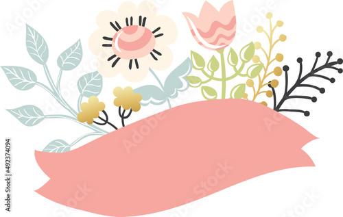 Decorative floral composition with ribbon, bouquet illustration with flowers and leaves