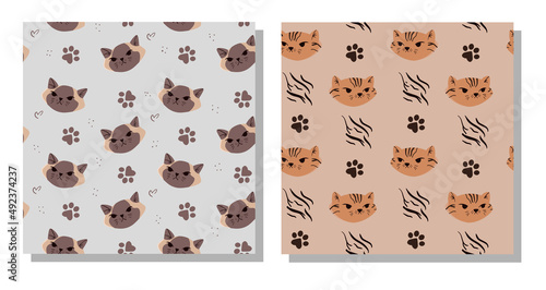 Two seamless patterns with purebred cute cartoon cats