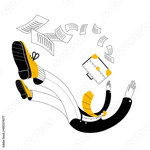 A man in business clothes with a briefcase falls among the documents. Vector two-color illustration on the topic of failure and crisis in business.