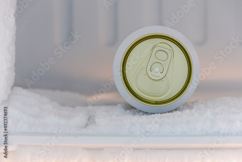 cans of beer were immersed in the freezer of the refrigerator,