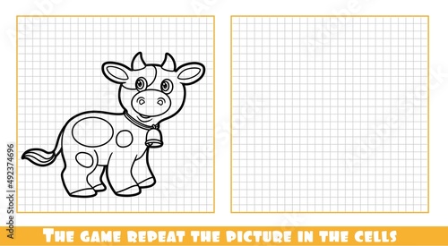 Cute cartoon cow with bell outlined the game repeat the picture in the cells