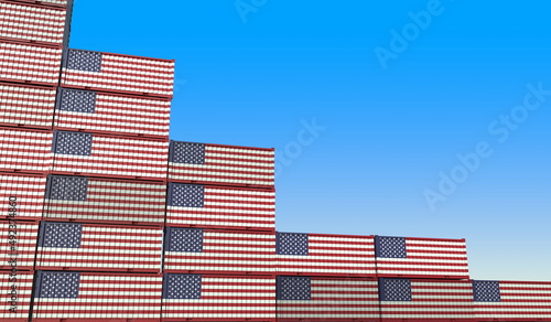 Many containers with flag of the USA represent decreasing trend. Economic or industrial crisis concept. 3D rendering