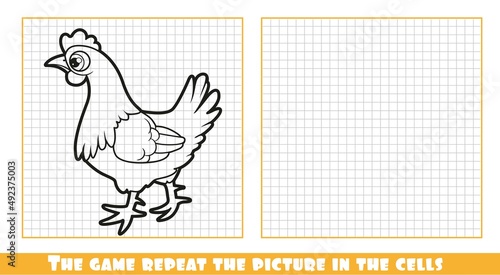 Cute cartoon hen outlined the game repeat the picture in the cells