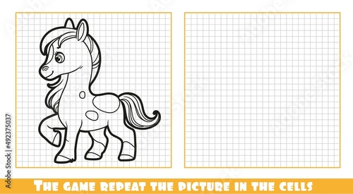 Cute cartoon horse outlined the game repeat the picture in the cells