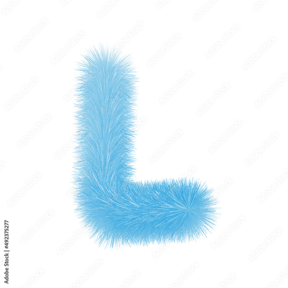 Feathered letter L font vector. Easy editable letters. Soft and realistic feathers. Blue, fluffy, hairy letter L, isolated on white background.