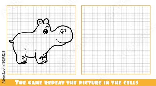 Cute cartoon little hippo outlined the game repeat the picture in the cells