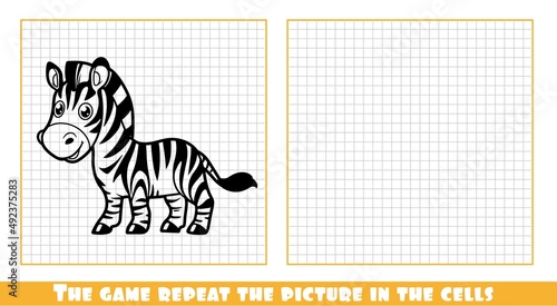 Cute cartoon little zebra outlined the game repeat the picture in the cells