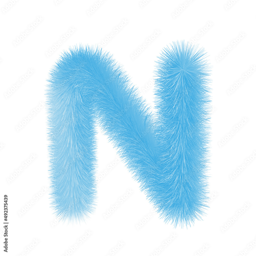 Feathered letter N font vector. Easy editable letters. Soft and realistic feathers. Blue, fluffy, hairy letter N, isolated on white background.