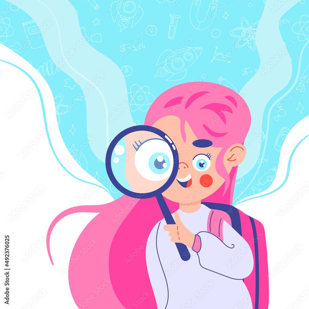 Girl. Distance learning. Schoolgirl with a backpack and a magnifying glass. Research and gaining knowledge. Physics. Banner. Vector stock illustration. Child and Science. School. Girl. Distance learning. Schoolgirl with a backpack and a magnifying glass. Research and gaining knowledge. Physics. Banner. Vector stock illustration. Child and Science. School.
