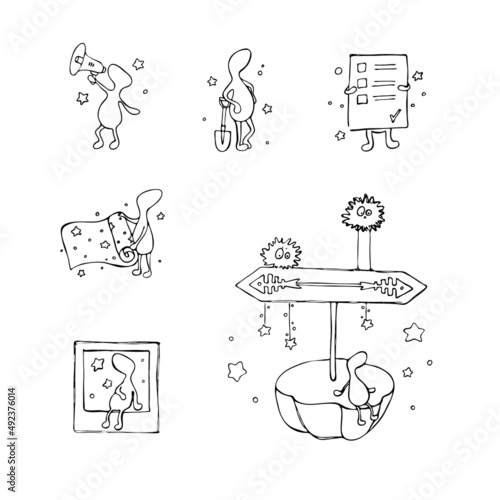 set of fabulous men. Vector hand drawn stock illustration. Stars, photo frame, roll of fabric or paper with a pattern, loudspeaker, island with a pointer..