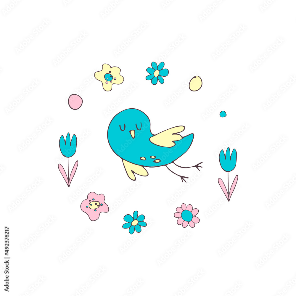 Postcard. Children's cartoon illustration. Birdie. Print on a mug or clothes. Lovely colors. Flowers and hearts. White isolated background. Vector hand drawn stock illustration. Doodles Postcard. Children's cartoon illustration. Birdie. Print on a mug or clothes. Lovely colors. Flowers and hearts. White isolated background. Vector hand drawn stock illustration. Doodles
