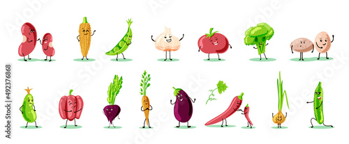 Set of funny vegetables with faces. Location. Vector stock illustration. White background. Onions, garlic, carrots, eggplant, cucumber, zucchini, beans, peas, corn, broccoli, potatoes, peppers, beets.