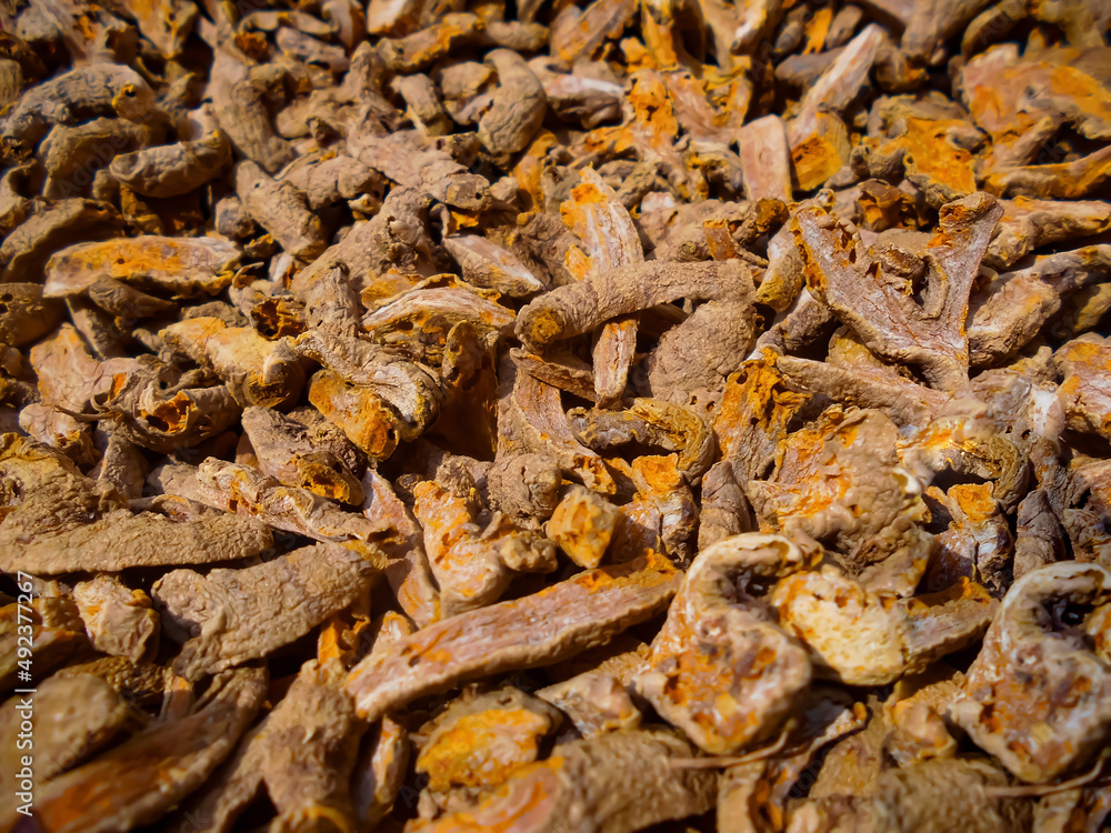 dried turmeric pile texture. Turmeric is left in the sun to dry, ready to make powder
