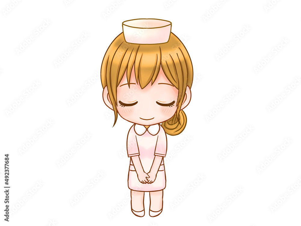 お辞儀する金髪ナースのちびキャライラスト Stock Illustration Adobe Stock
