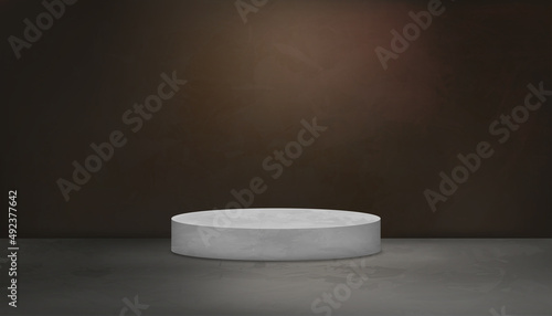 Backdrop studio room dark brown and podium on cement texture wall background,Vector backdrop loft style suitable for portrait product in warm tone with grey floor concrete surface  in light and shadow