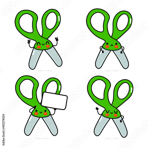 Funny cute happy scissors characters bundle set. Vector hand drawn doodle style cartoon character illustration icon design. Isolated on blue background. Happy scissors mascot character collection