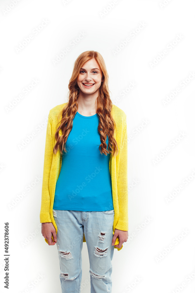 young pretty red hair woman happy smiling isolated on white background, lifestyle people concept young pretty red hair woman happy smiling isolated on white background, lifestyle people concept