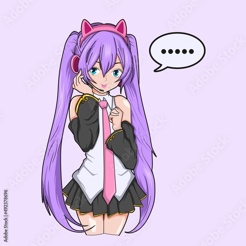 manga anime girl talking by headset for Call center  hotline vector illustration