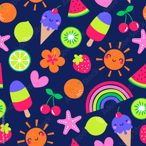 Cute colorful hand drawn tropical fruits and desserts seamless pattern for summer holidays background.