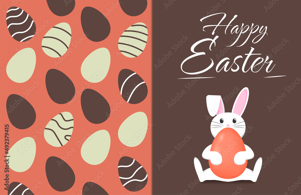 Postcard Happy Easter. A sitting rabbit with a painted 3d egg in its paws. Pattern with eggs. International holiday design with typography for greeting card, party invitation.