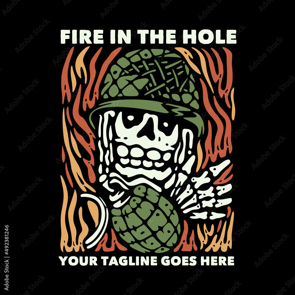 t shirt design fire in the hole with skull throwing grenade and black background vintage illustration