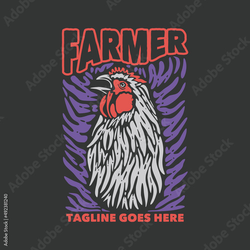 t shirt design farmer with chicken and gray background vintage illustration