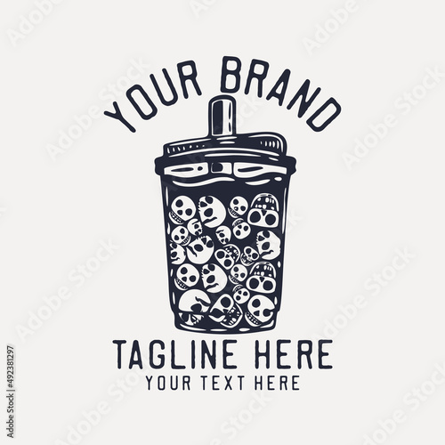 skull bubble tea vintage t shirt design template
