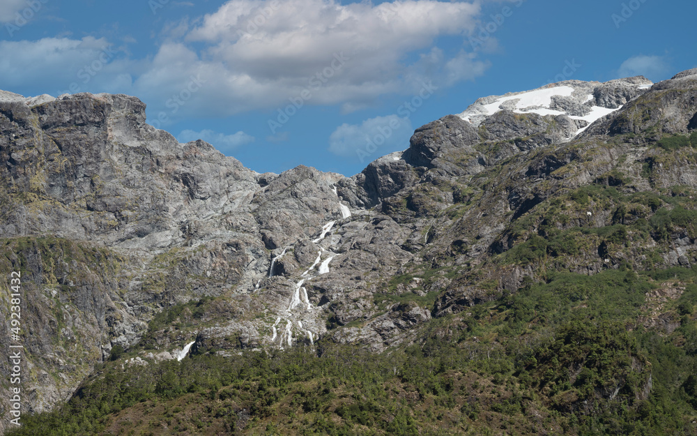 Stunning variegated mountains along the mythical carretera Austral (Southern Way), Chile's Route 7. It runs through forests, fjords, glaciers, canals and steep mountains in rural Patagonia