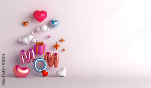 Happy mothers day decoration background with gift box, balloon, mom text rocket, copy space text, 3D rendering illustration