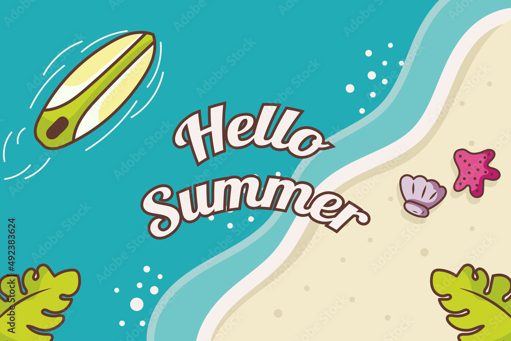 summer banner with sea background, beach, with starfish surfboard, shells hand draw style summer banner with sea background, beach, with starfish surfboard, shells hand draw style