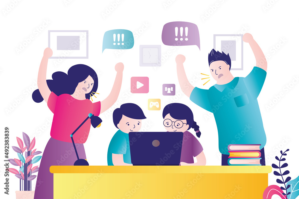 Parents scold children for constant use of gadgets. Children are addicted to Internet. KIds play games, consume media content. Angry parents scream. Family problems. Parents scold children for constant use of gadgets. Children are addicted to Internet. KIds play games, consume media content. Angry parents scream. Family problems.