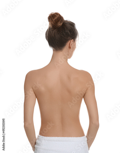 Back view of woman with perfect smooth skin on white background. Beauty and body care