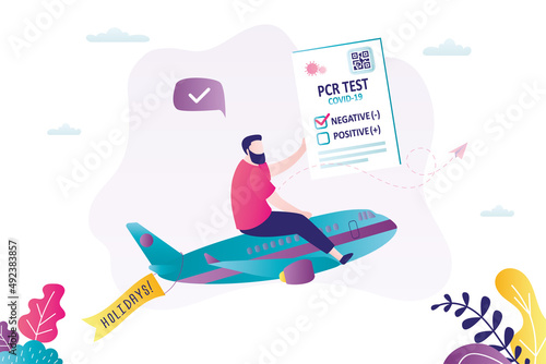 Handsome man with negative test goes on trip. Male character passed pcr test and flies on vacation