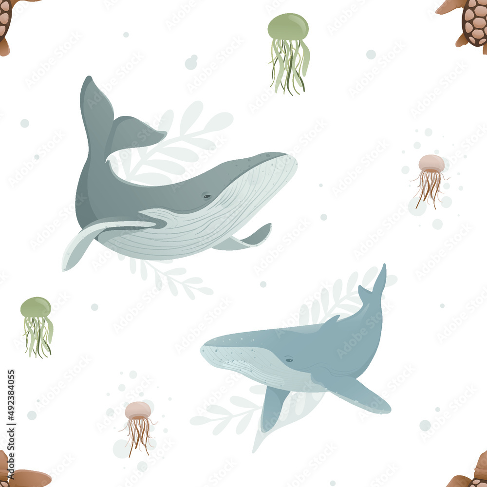 Fototapeta premium Seamless pattern with whale, jellyfish, turtle, stars. Ocean day. Earth day. Take care for nature and cleaning nature from garbage concept. Perfect for product design, scrapbooking, textile, wrapping.