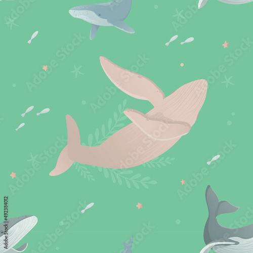 Seamless pattern with different whales, fish, stars. Ocean day. Earth day. Take care for nature and cleaning nature from garbage concept. Perfect for product design, scrapbooking, textile, wrapping.