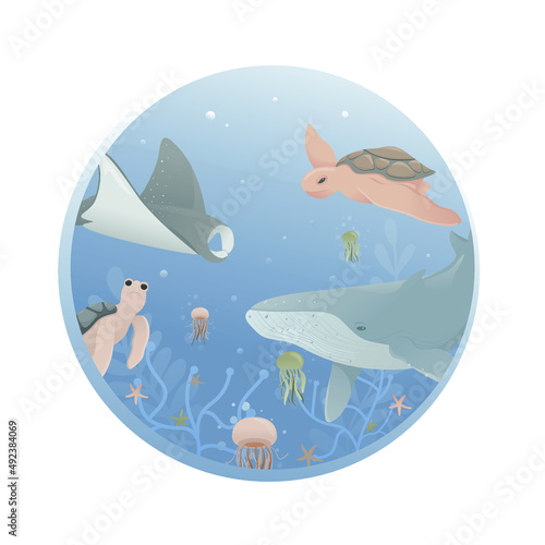 Flat vector illustration with marine life in round window. Take care for nature and cleaning nature from garbage poster concept. Marine animal collection. Underwater set. Cute cartoon characters
