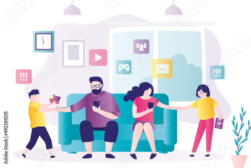 Children want to communicate with their parents. Mother and father has internet addiction. Parents uses mobile phones. Cyber addiction concept. Family problems. Social issues.