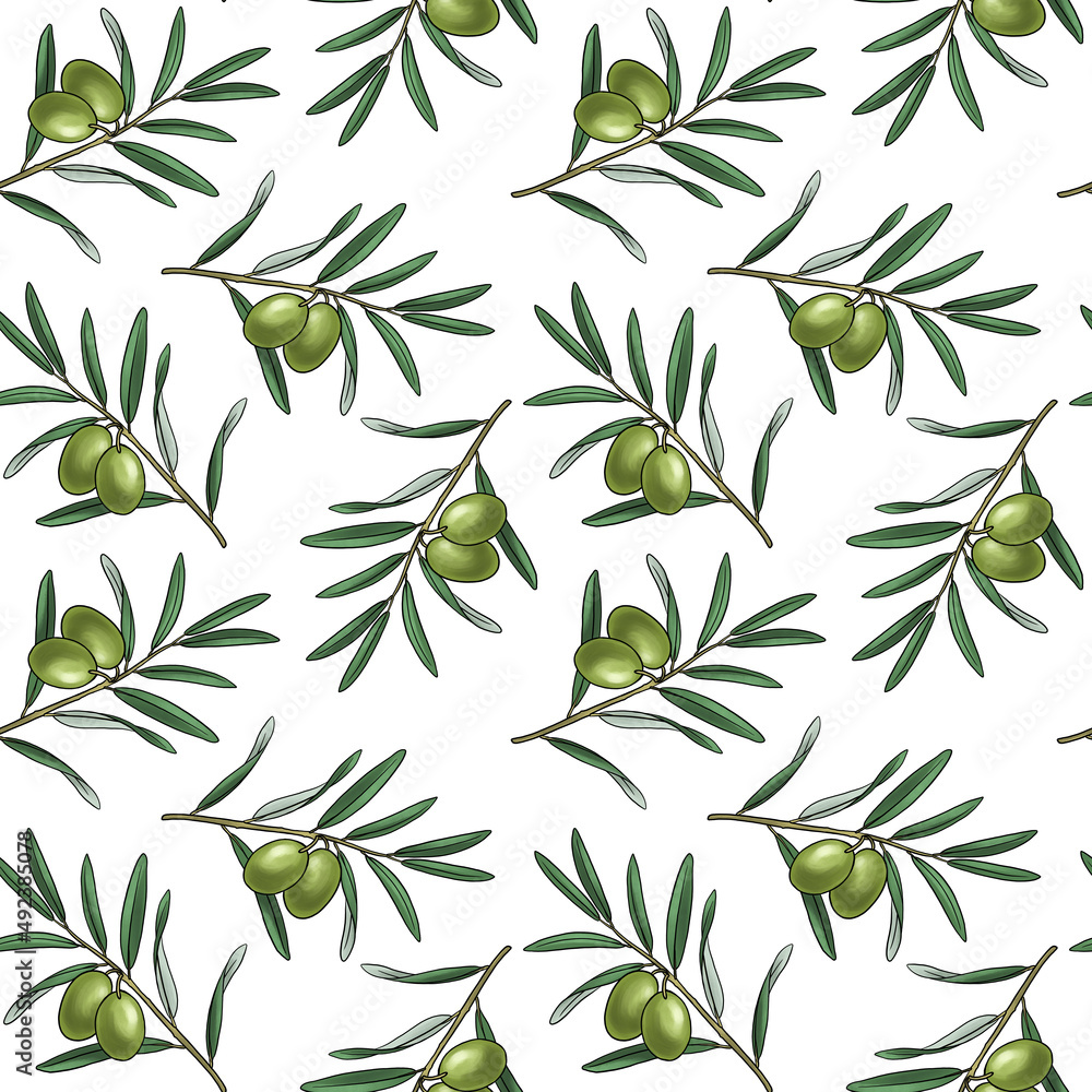 seamless pattern with drawing branch of olive tree with fruits and leaves at white background, hand drawn illustration