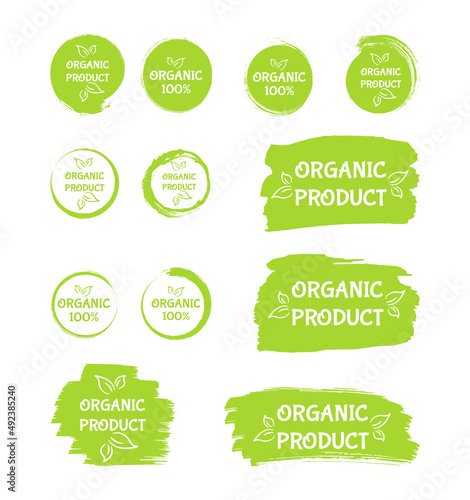 Organic, healthy, eco product label and emblem set. Fresh, vegan food. Vector illustration