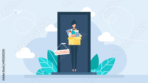 Firing from a job. Job cuts. Dismissal employee. Fired sad female office worker holding a box with work things. Unemployment and Jobless concept. The door is closed. Business flat illustration.